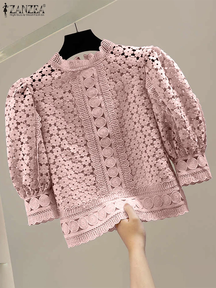 ZANZEA Elegant Lace Blouse Women 3/4 Puff Sleeve Solid Color Tunic Tops 2025 Autumn O-Neck See-through Casual Office Lady Shirts