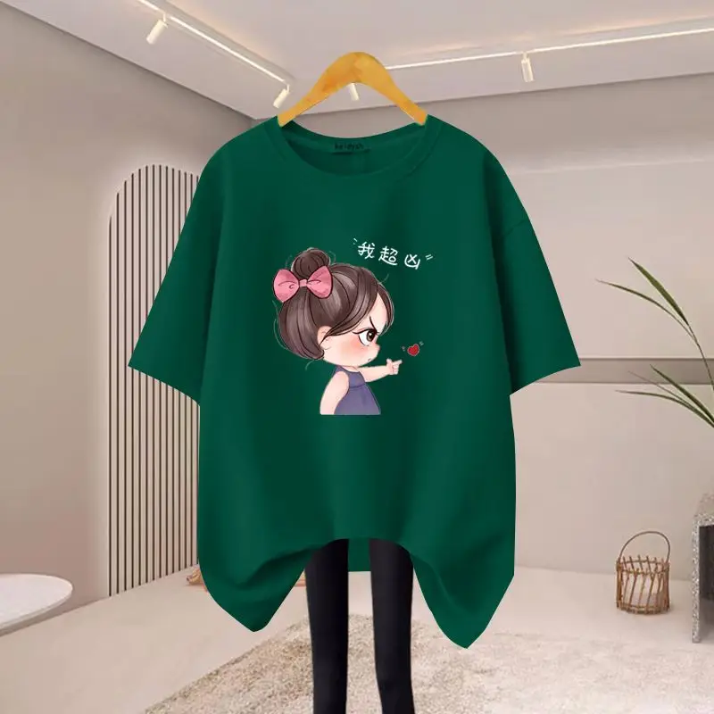 Women Clothing Fashion Cartoon Printing O-neck T-shirt Summer Pure Cotton Short Sleeve Basic Tees Office Lady Casual Loose Tops