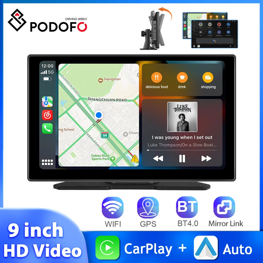 Podofo 9'' Car Radio Carplay Automotive Multimedia Android Auto Airplay GPS Mirror Cast Bluetooth Support Rear Camera AI Voice