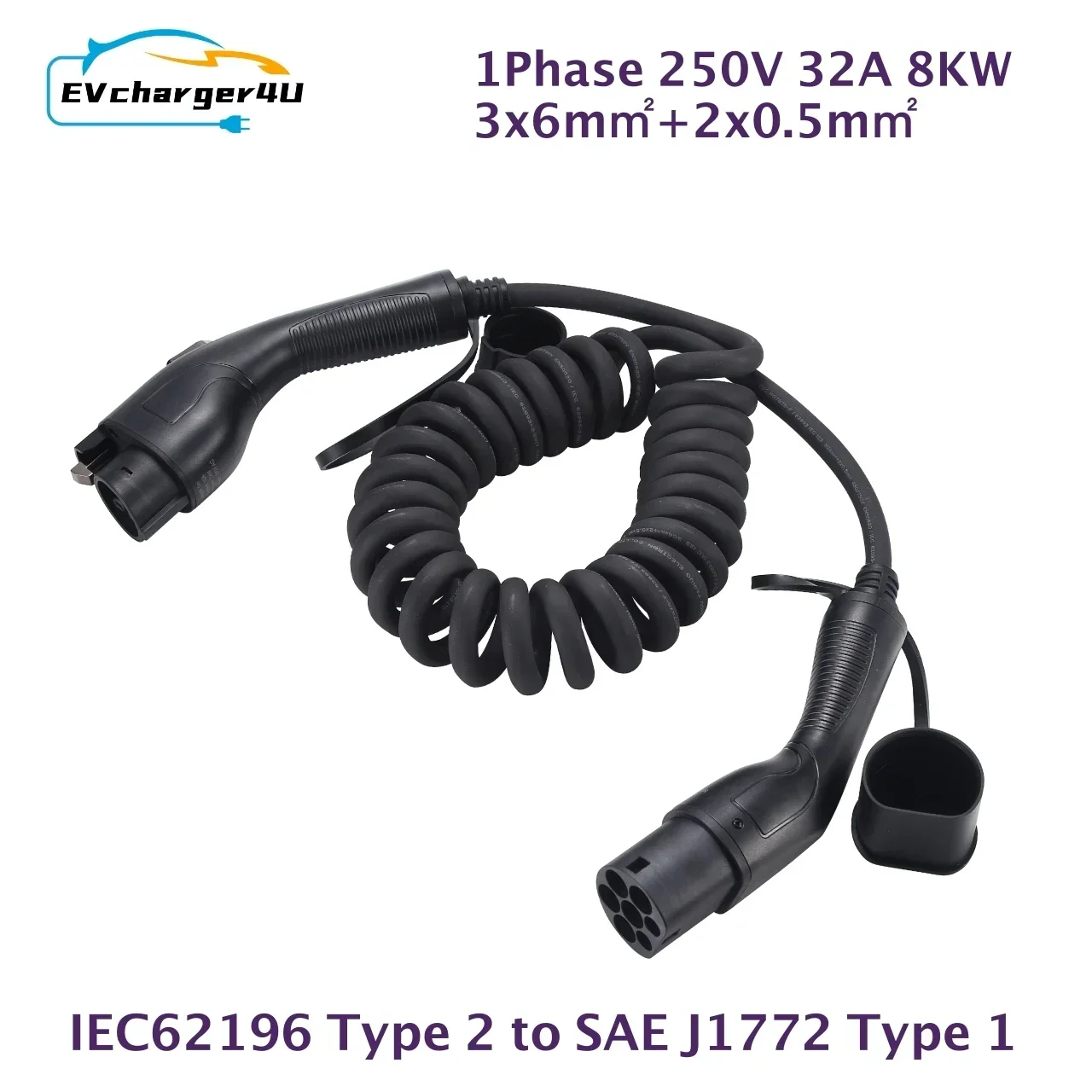 EVcharger4U IEC62196 Type 2 to J1772 Type 1 EV Charging Spiral Cable 1Phase 32A 8KW Type2 to Type1 Coiled for Electric Vechile