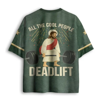 All The Cool People Deadlift Jesus Weightlifting Print Men V Neck Mesh Jersey Short Sleeve Tee