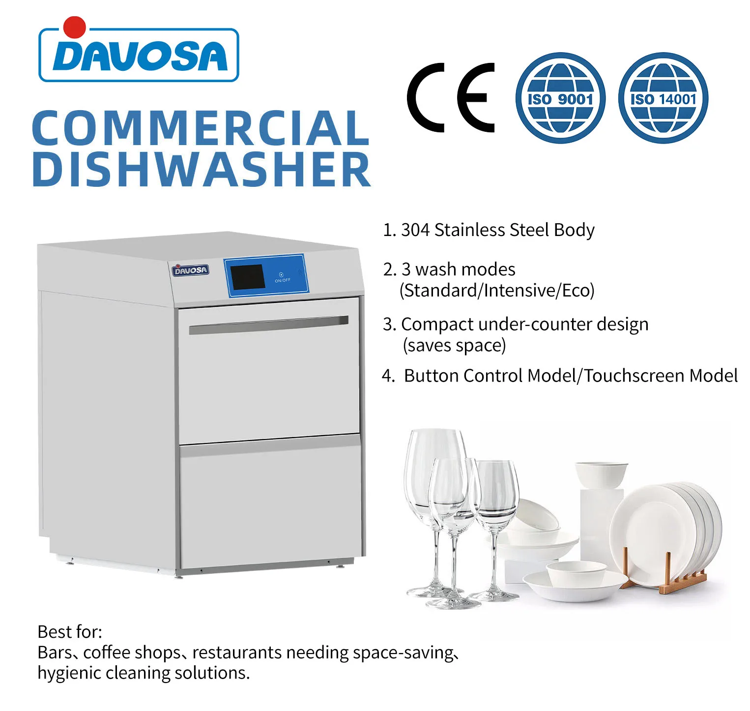 Small Energy Efficient Commercial Undercounter Stainless Steel Automatic Dish Washer Machine for Small Restaurant Cafe Hotel