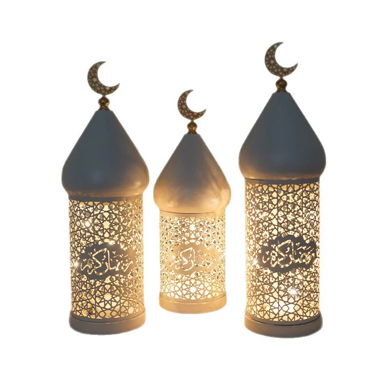 Lanterne en métal de Style marocain, motif creux blanc, décoration de maison, lumière LED douce, veilleuse de chevet, cadeau de vacances, atmosphère chaude, nouvelle collection