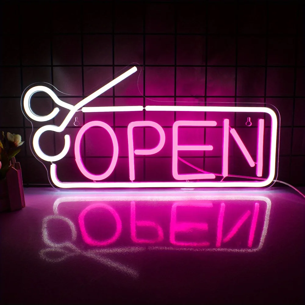 

Розовая неоновая вывеска «OPEN» с LED-подсветкой, светильник для салона с дизайном «ножницы/гребень», для магазинов/спа-салонов/домашнего декора, идеальное украшение для открытия бизнеса