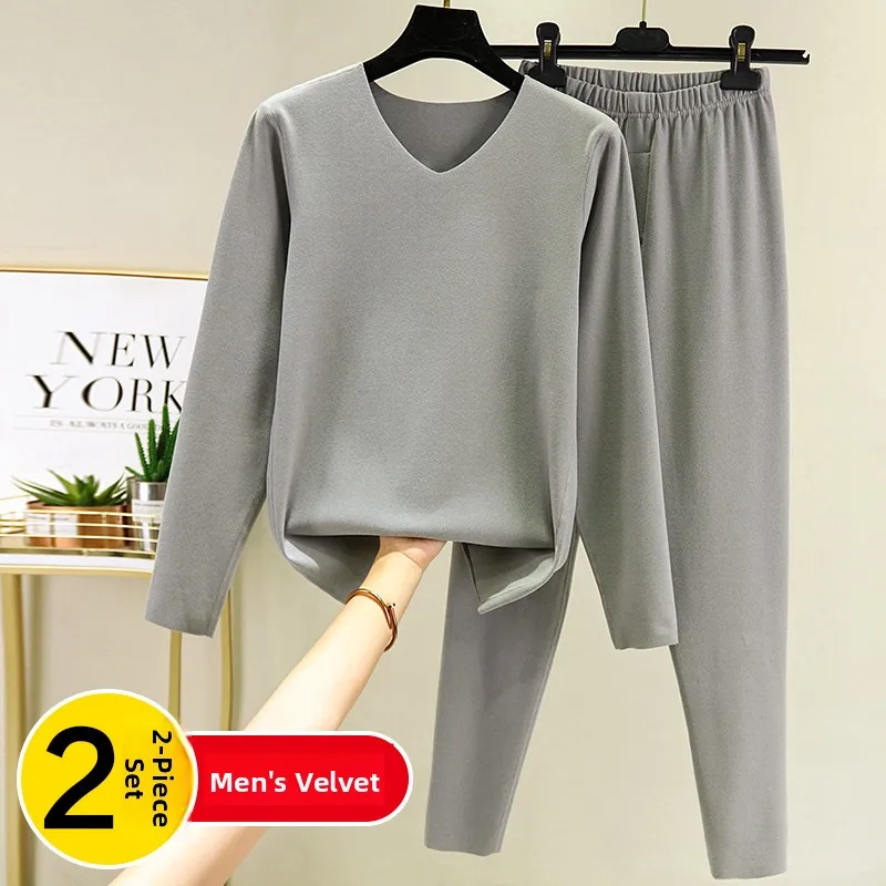 Men's Warmth Innerwear Set Thickened Fleece Velboa Soft Cotton Long Sleeve V-Neck Pants Autumn Winter Thermal Underwear Set
