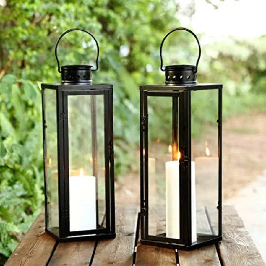 Lighting Collection Lorient Small Black/Clear Glass Decorative Outdoor Lantern Set of 2