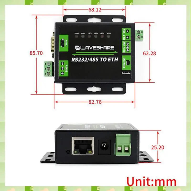 2025 Waveshare RS232/RS485 zum Netzwerk-Port-Modul, Dual-Serial-Port, ETH, RJ45, Industriequalität, Zwei-Wege-transparente Übertragung, Wa
