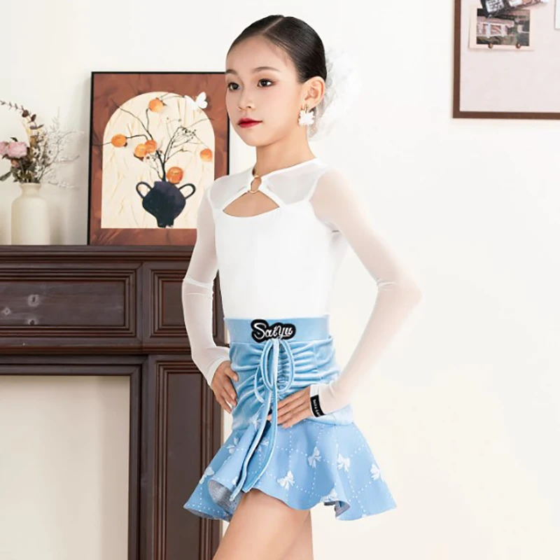 

Children Latin Dancewear Long Sleeve Top Velvet Mesh Grand Swing Skirt for Kids Girls Training Practice Performance Clothing