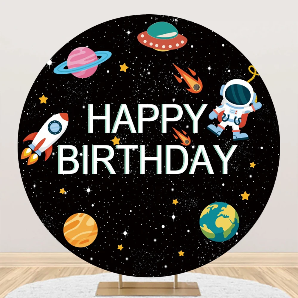 Laeacco Outer Space Round Backdrop Universe Planet Astronaut Rocket Spaceship Cartoon Galaxy Kid Birthday Photography Background