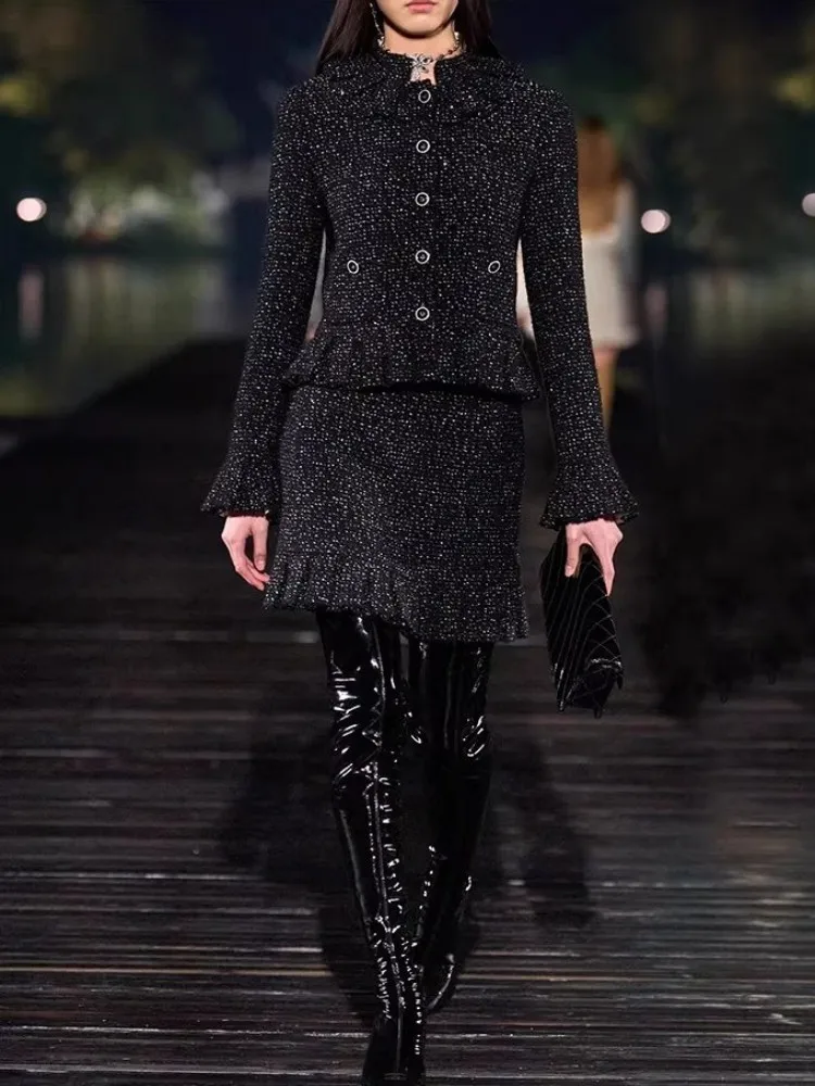Autumn New Single Breasted Women Tweed Jacket Sets Ruffles Collar Coat Outfits Above Knee Length Ruffle Edge Skirt Matching Set
