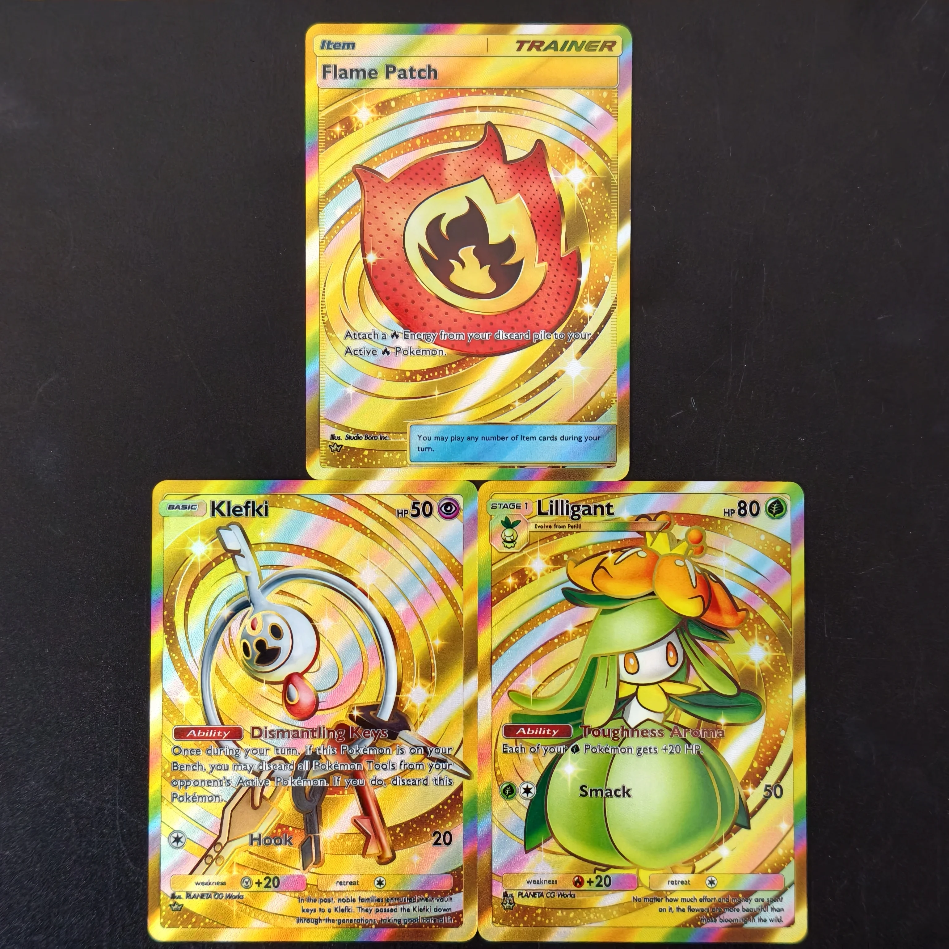 Proxy PKM Pocket Card English Flame Patch Klefki Lilligant Gold Holo Foil Textured Cards DIY TCG Advanced Anime Cards