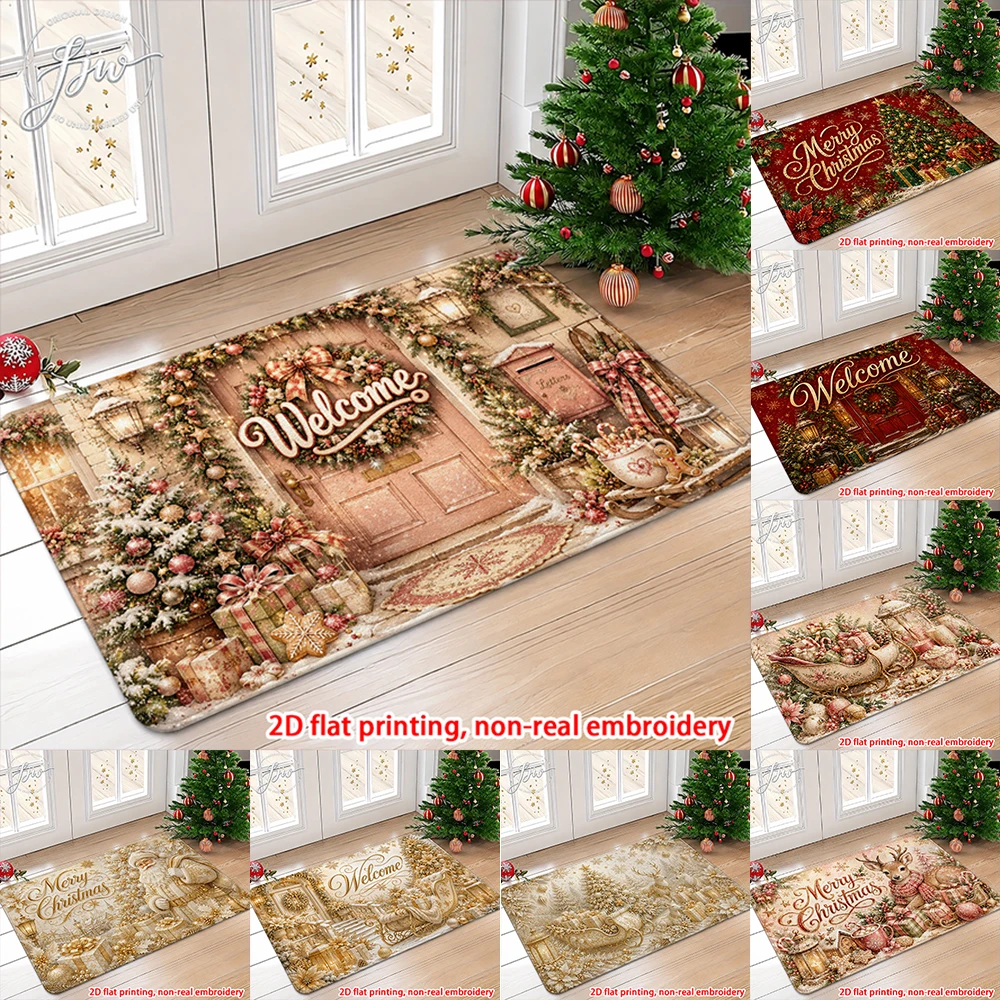 1pcs Christmas Welcome Door Mats Vintage Holiday Non-Slip Entryway Rugs for Indoor Outdoor Decor