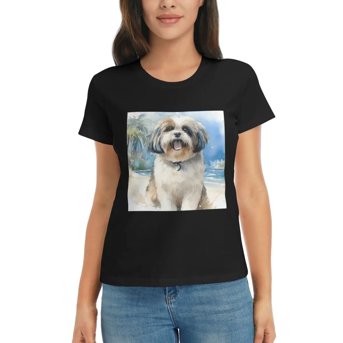 

Women T-Shirt Shih Tzu On The Beach Summer Short Sleeve Tees Round Neck Cotton T Shirts Clothes Tops Streetwear