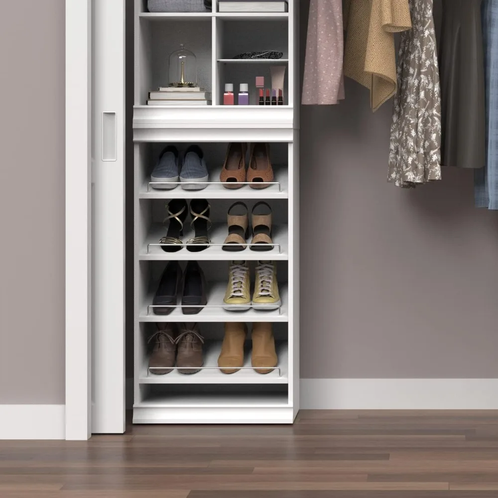 Modular Storage Angled Shelves, Wood Closet Organizer Adjustable, Stacking, Full Backer, Decorative Trim, White, Shoe Shelf Unit