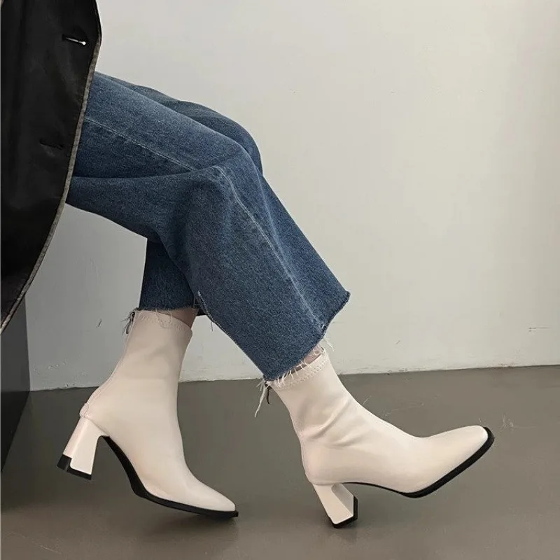 High Heel Slim Boots Fairy Style 2024 New Soft Leather Thick Heels Internet Celebrity Fashion and Temperament Boots