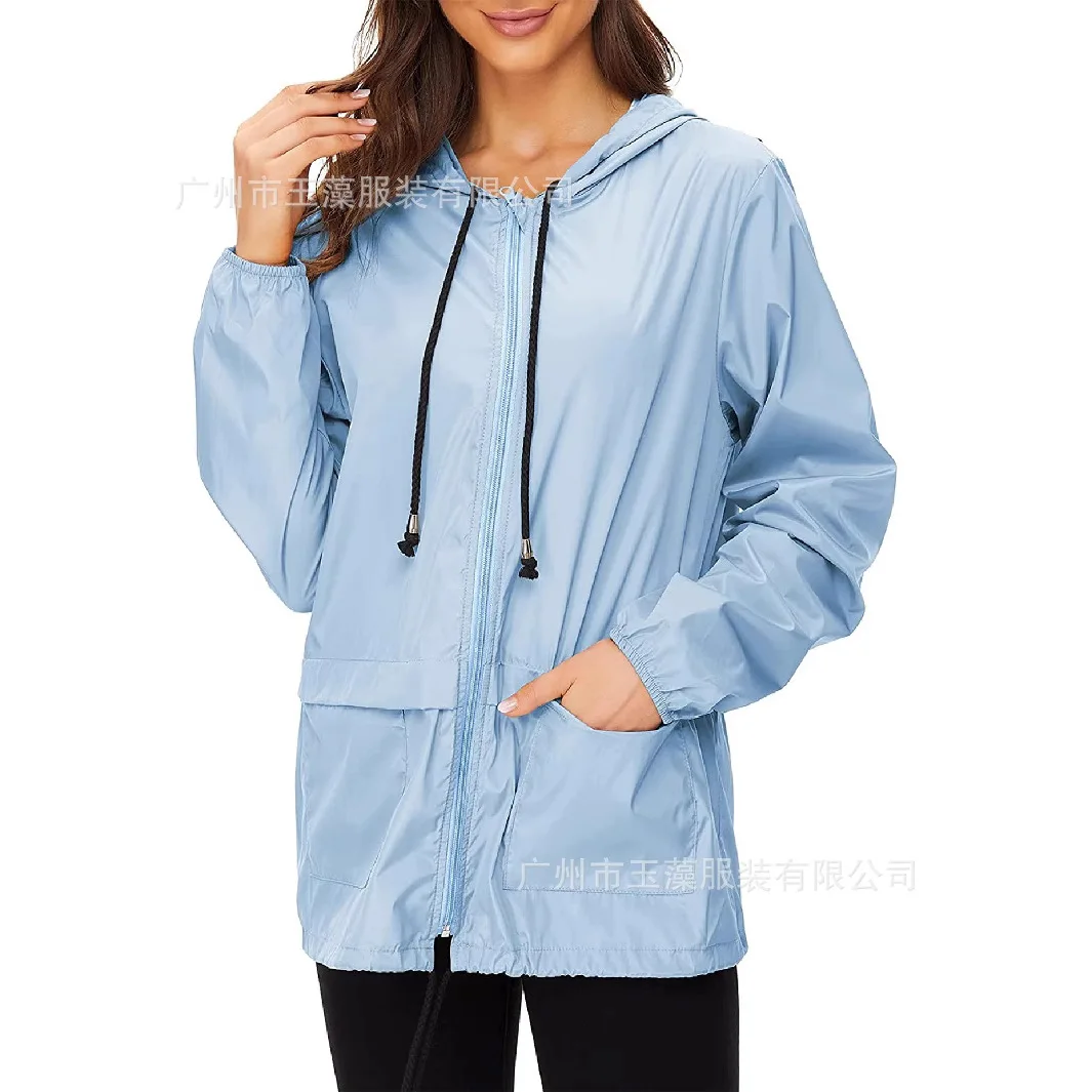 2025 Women's Solid Color Water-Proof Windbreaker Lightweight Breathable Hooded Outdoor Jacket