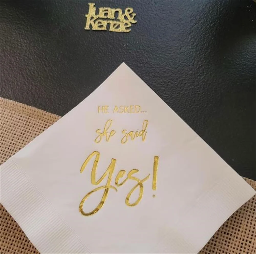 50pcs Ivory Ecru with Metallic Gold Foil Cocktail Beverage Napkins He Asked She said Yes Engagement Party