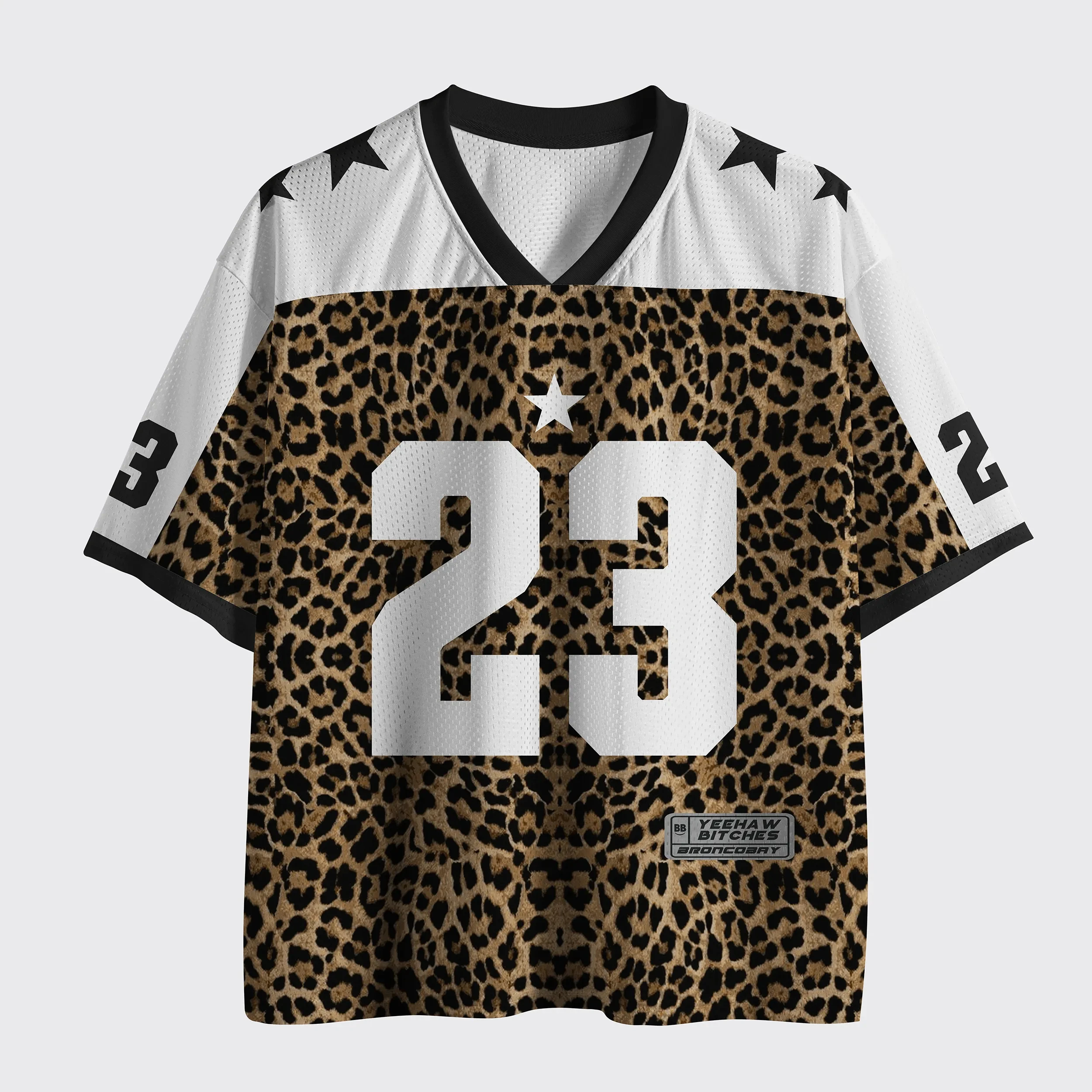 Trending Must‑have V‑Neck Mesh Sports Jersey Top Rated Leopard Print Animal Pattern 23 Star Graphic Short Sleeve Tops