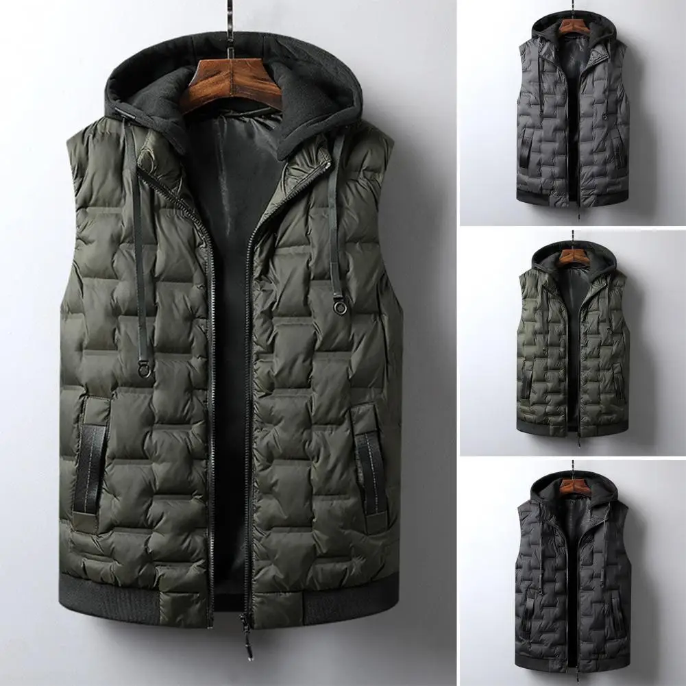 

Men Cotton Vest With Removable Hood Drawstring Decoration Sleeveless Waistcoat Solid Color Zipper Placket Vest Coat 면 조끼