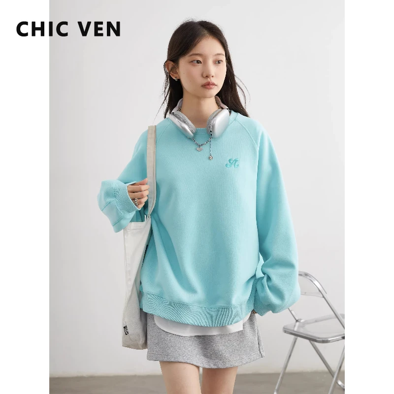 

Модные женские свитшоты CHIC VEN: синие, свободные, повседневные, с круглым вырезом, рукава реглан, длинные рукава, женские топы-пуловеры, весна-осень 2026