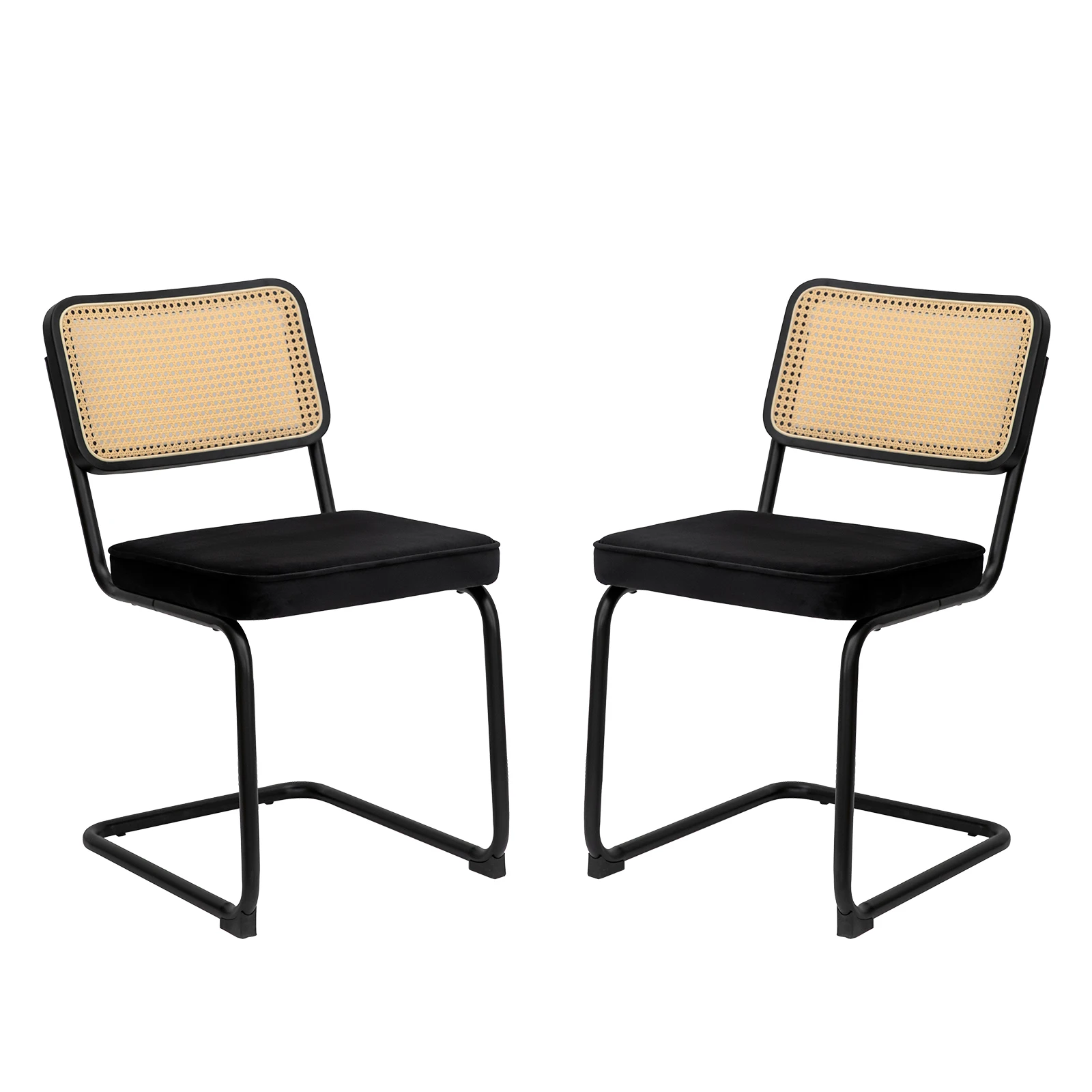 Dining Chairs Set of 2, Velvet Rattan Side Accent Chairs with Black Painted Legs, Modern Mid Century Breuer Designed Chairs