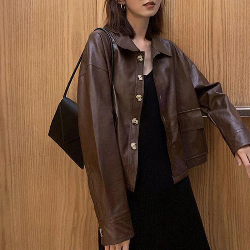 가짜 가죽 자켓 여성 가을 ​​패션 빈티지 싱글 브레스트 코트 포켓 모토 바이커 스타일 여성용 크롭 가죽 자켓