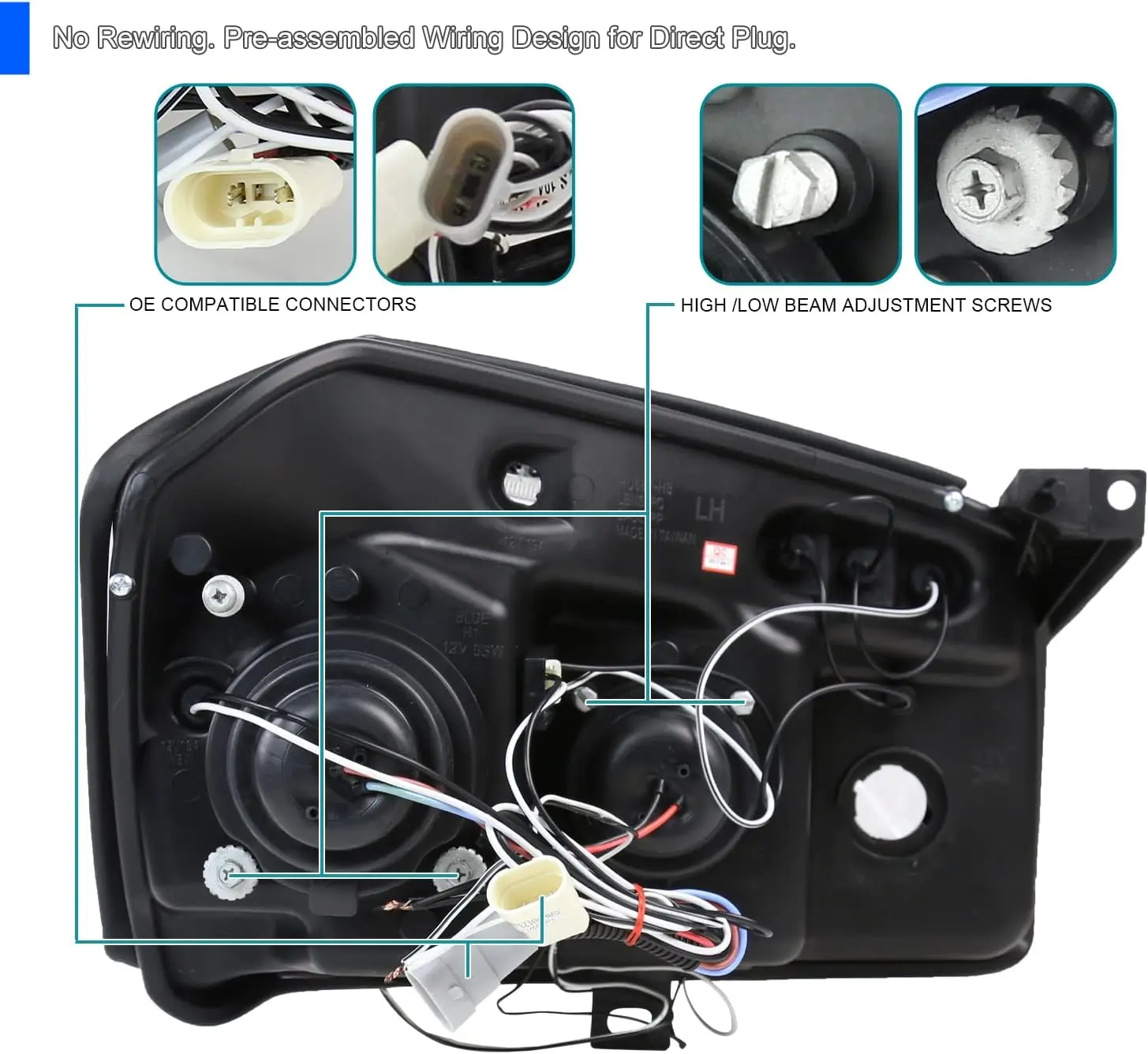 مصابيح أمامية لجهاز عرض هالة مزدوجة LED باللون الأسود النفاث متوافقة مع مجموعة المصابيح الأمامية Dodge Magnum لليسار + الأيمن