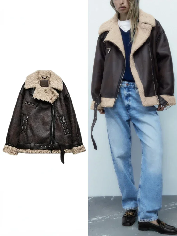 Woman's Thick Warm Double Faced Faux Shearling Jacket Fall Winter New Lapel Long Sleeve Belted Hem Zip Closure Female Outerwear