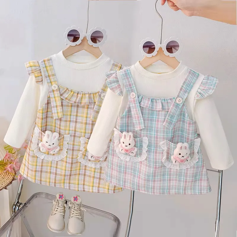 

Small Plaid Baby Girl Dress, Spring And Autumn New Cartoon Rabbit Children'S Long Sleeved Clothes (9 Months -3 Years Old)