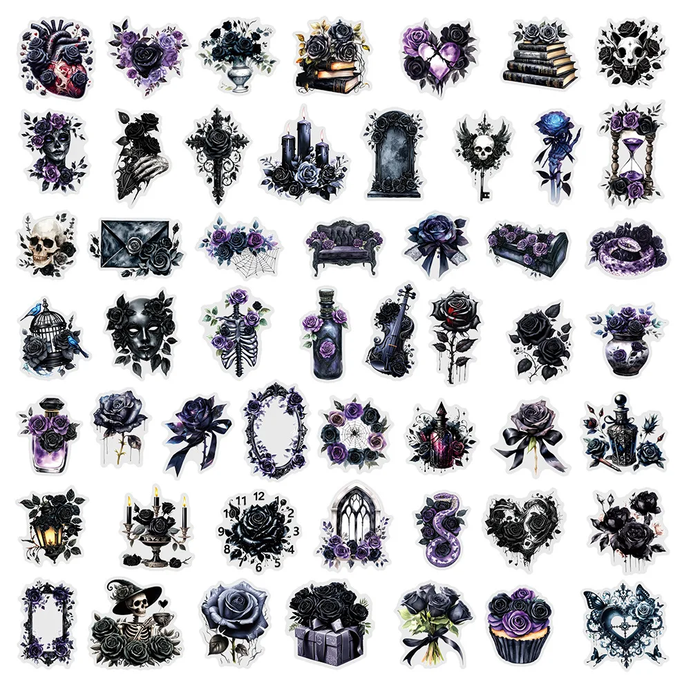 

50PCS Gothic Black Purple Rose Sticky PVC Stickers Aesthetic DIY Decoration Scrapbooking Stationery Supplies for Kids Toys Gifts