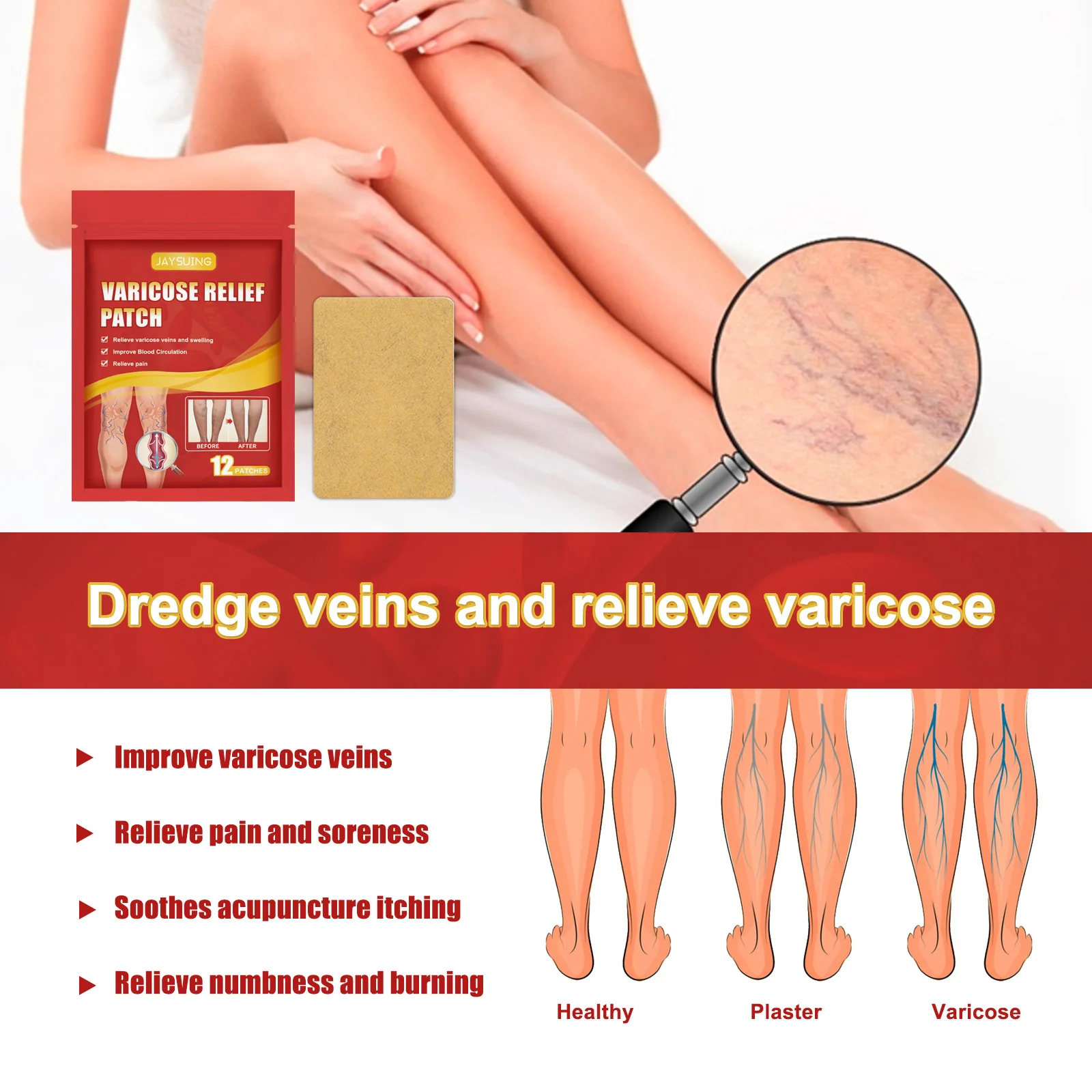 Jaysuing Vein Relief Patch Varicose Repair soreness and swelling earthworm legs relieve leg veins