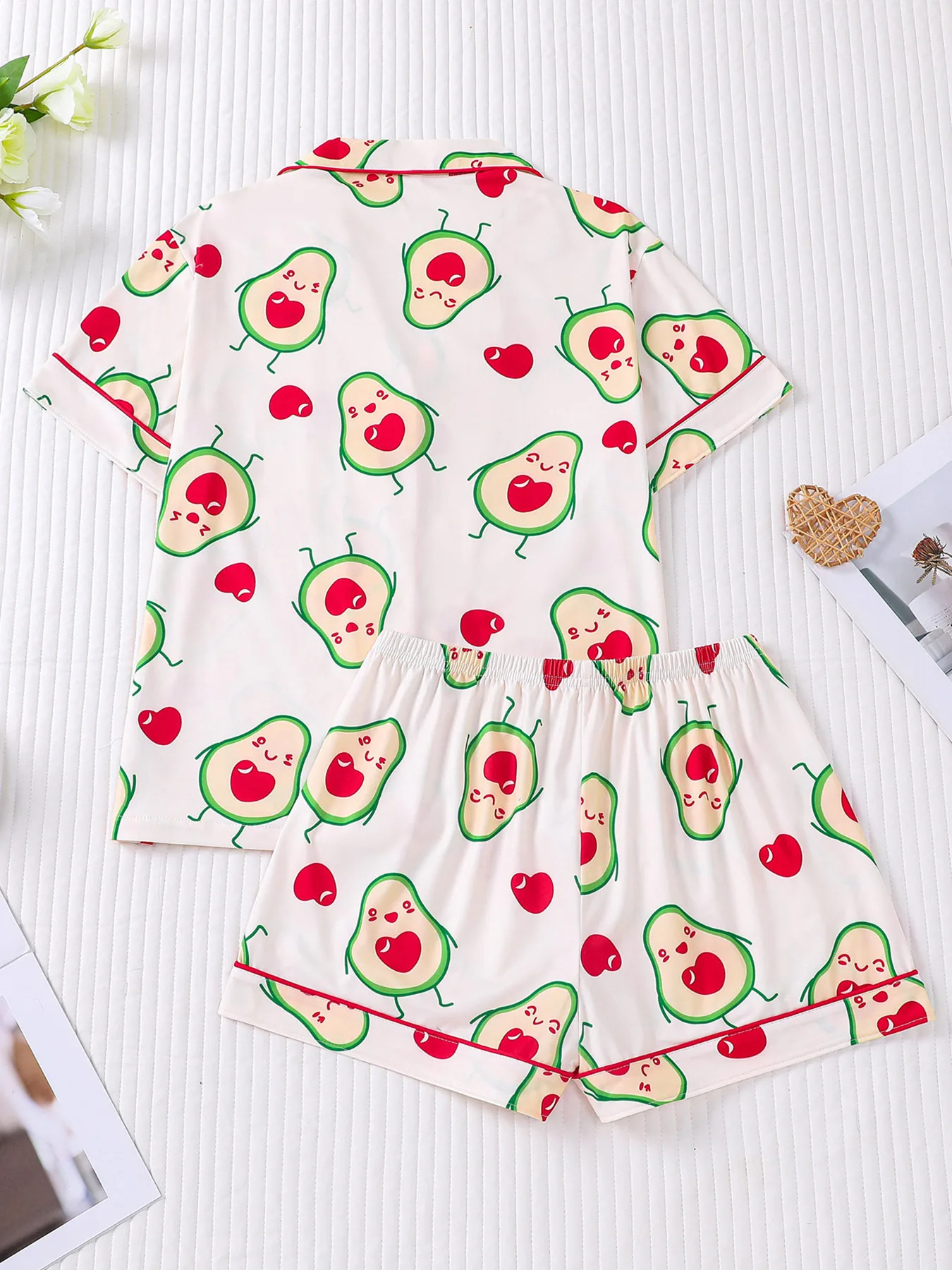 Fruit Themed Pajama Apricot with Avocado Lapel Short Sleeve Short Pants Loungewear Home Wear Set Clothes Gifts for Women