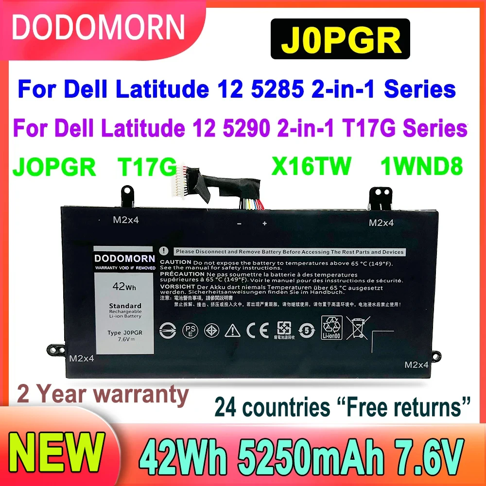 New 7.6V J0PGR Laptop Battery For Dell Latitude 12 5285 2-in-1 Series 12 5290 2-in-1 T17G JOPGR X16TW 1WND8 42Wh 5250mAh