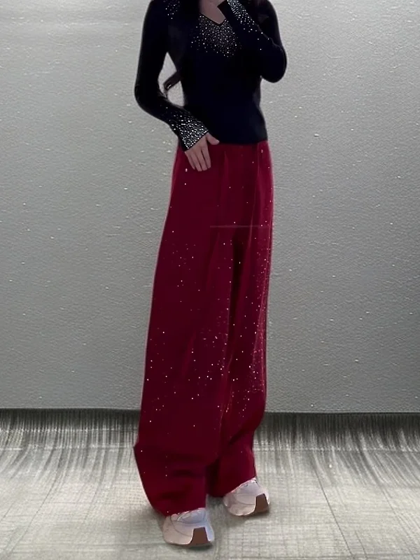 

Spring High Waist Glitter Heavy Du Wide Leg Pants Knife Casual Sle Multi ket Water Waed Blue Denim Women's Faion