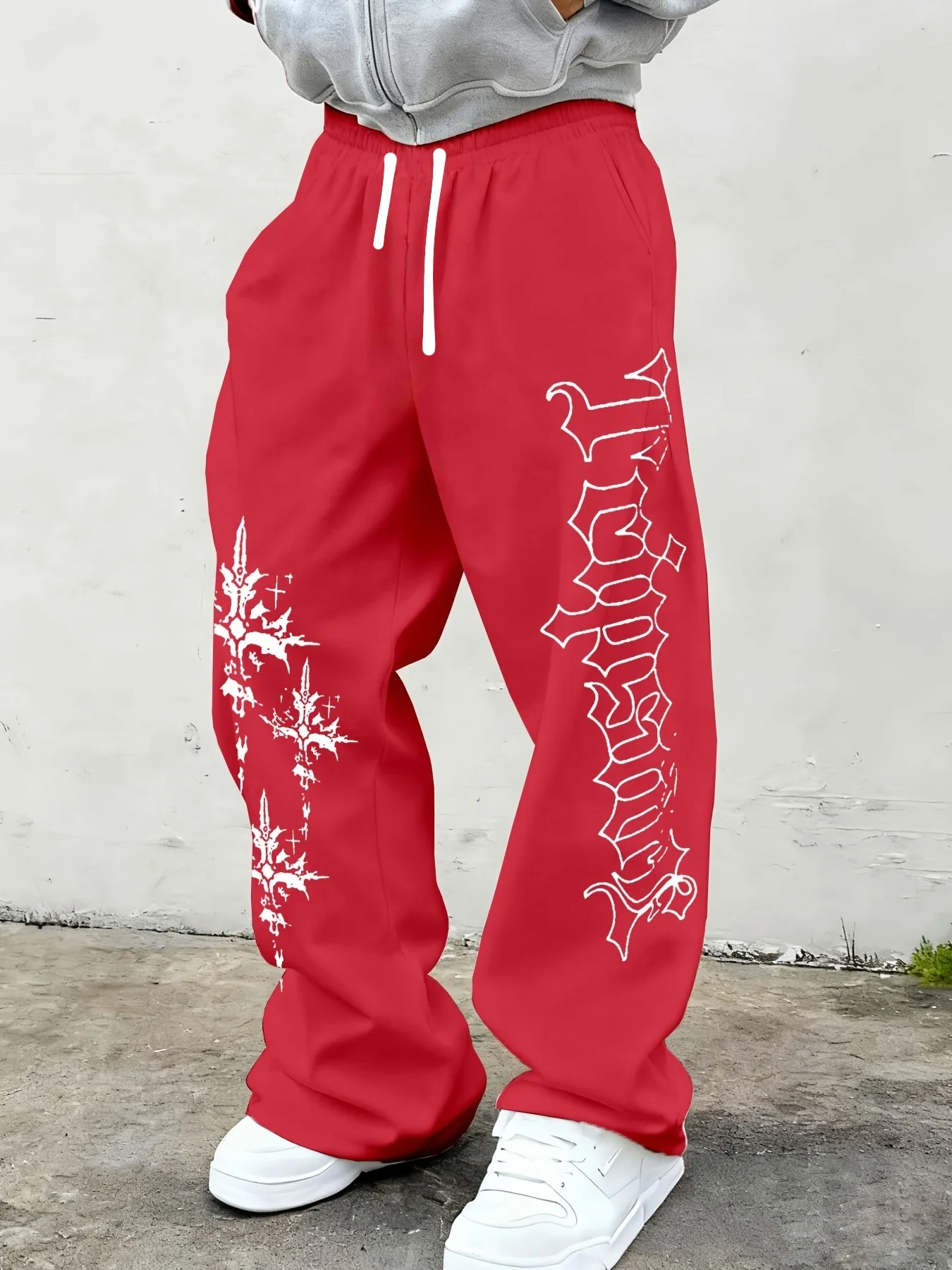 2026 Men Gothic Vertical Graphic Wide Leg Sweatpants Drawstring Loose Straight Baggy Y2K Dark Punk Streetwear Pants.