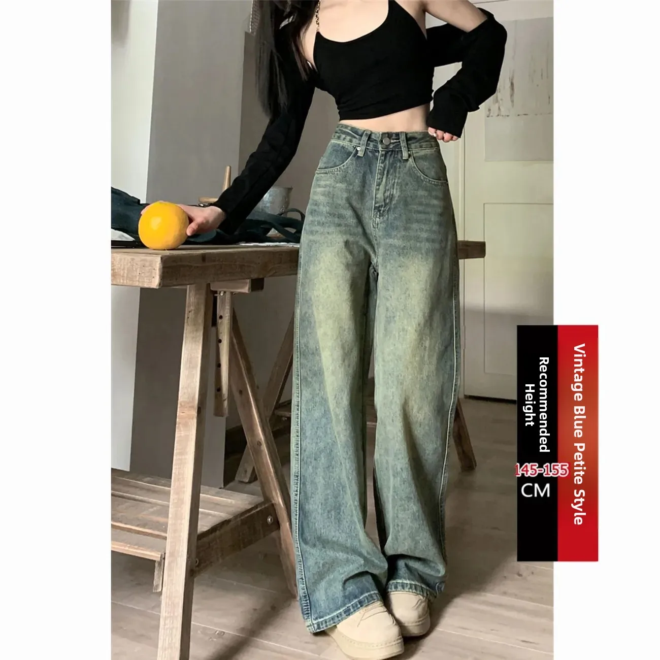 

Retro American High Street Faded Denim Pants Women's High Waist Straight Loose Slim Wide Leg Long Trousers Trendy Spring