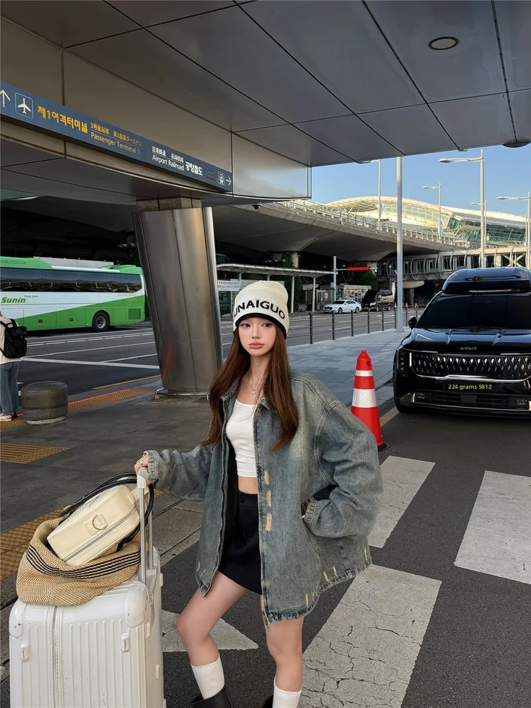 

Washed Vintage Long Sleeve Denim Jacket Women's Spring Ripped Loose Cardigan Style Zipper Top Fashionable Casual Outerwear