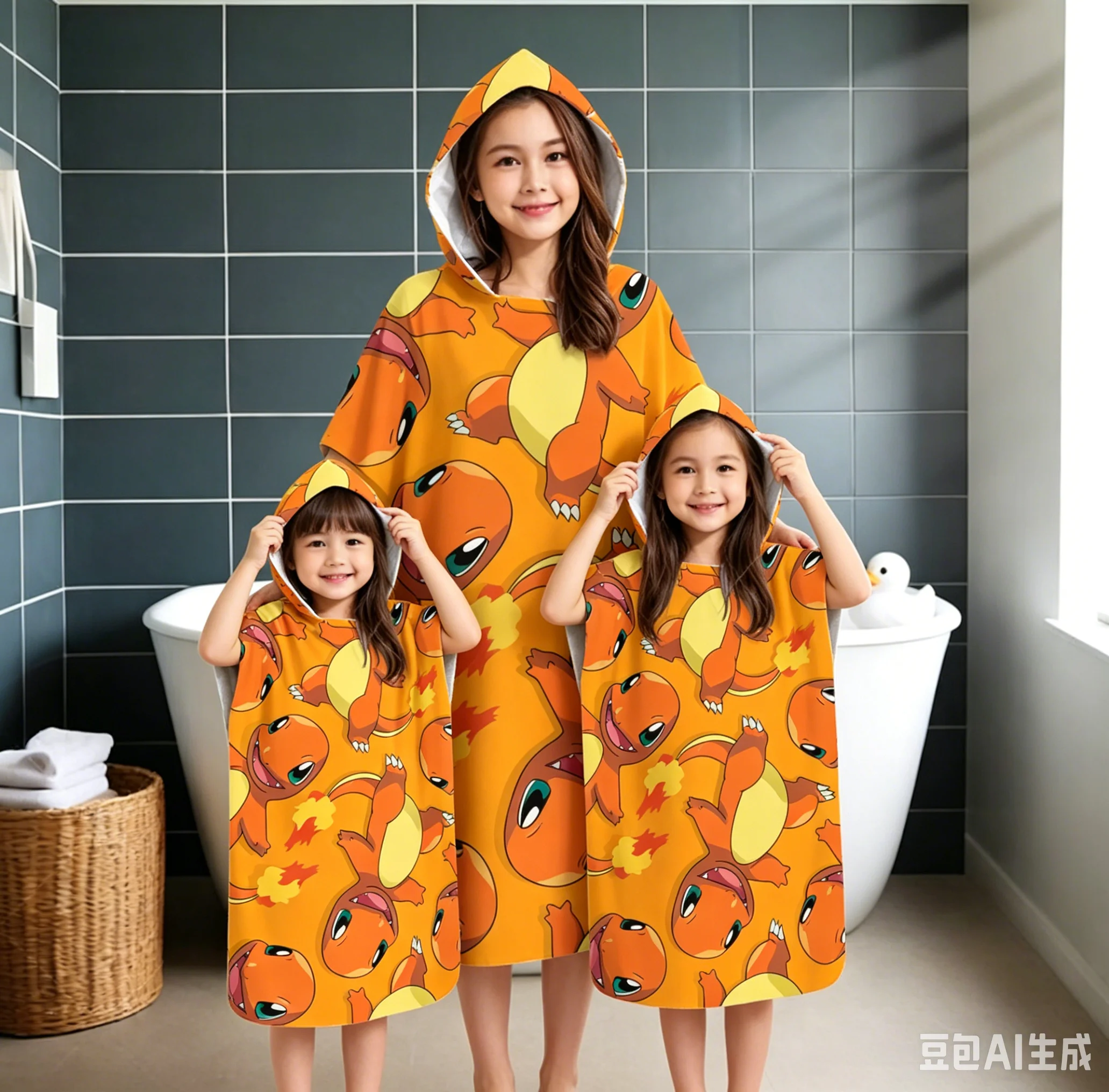 Kinder Pokemon Charmander Kapuzenhandtuch-Bademantel, Cartoon-Print Badeponcho, Schnelltrocknendes Strandtuch