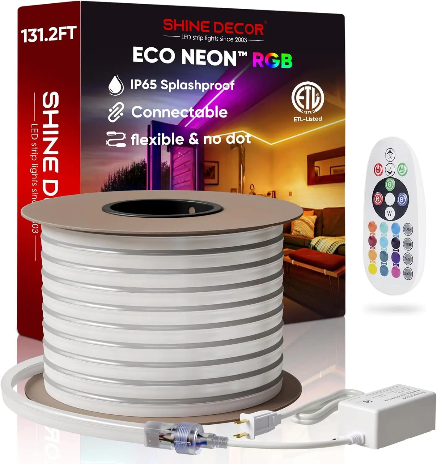 131.2FT LED RGB Neon Rope Lights, AC 110-120V Neon LED Strip Lights SMD5050 80LED/m with Remote