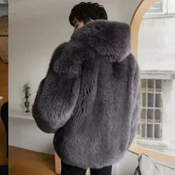 2024 New Winter Thicken Men's Fur Warm Soft Artificial Fox Plush Hoodies with Hat Fashion Light Luxury Top Coat Male Windbreaker