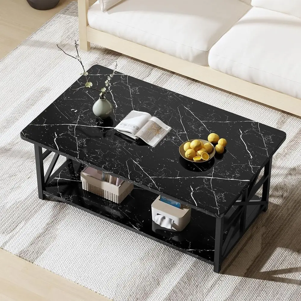 Modern Rectangular 2-Tier Coffee Table with Storage, Faux Marble Top, Black Frame for Living Room