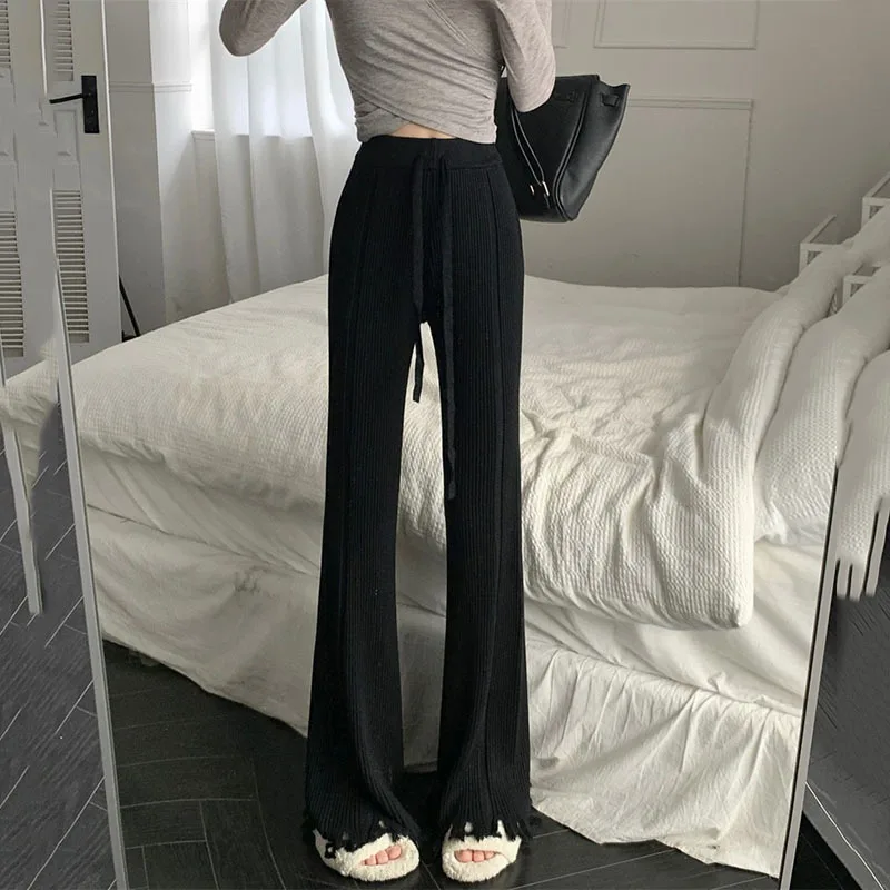 Tassel Korean Style Women Straight Knitted Pants  Bottoms Floor-length Trousers Causal Baggy High Waisted Drawstring Pants