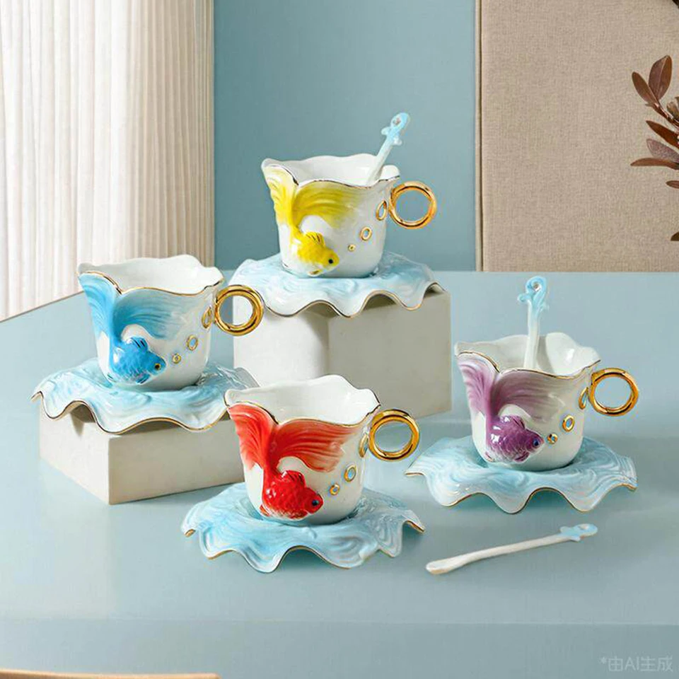 

3D Goldfish Shape Coffee Mug, Luxury Enamel Ceramic Cup with Spoon, High Temperature Resistant Porcelain, Unique Gift Box C06-7