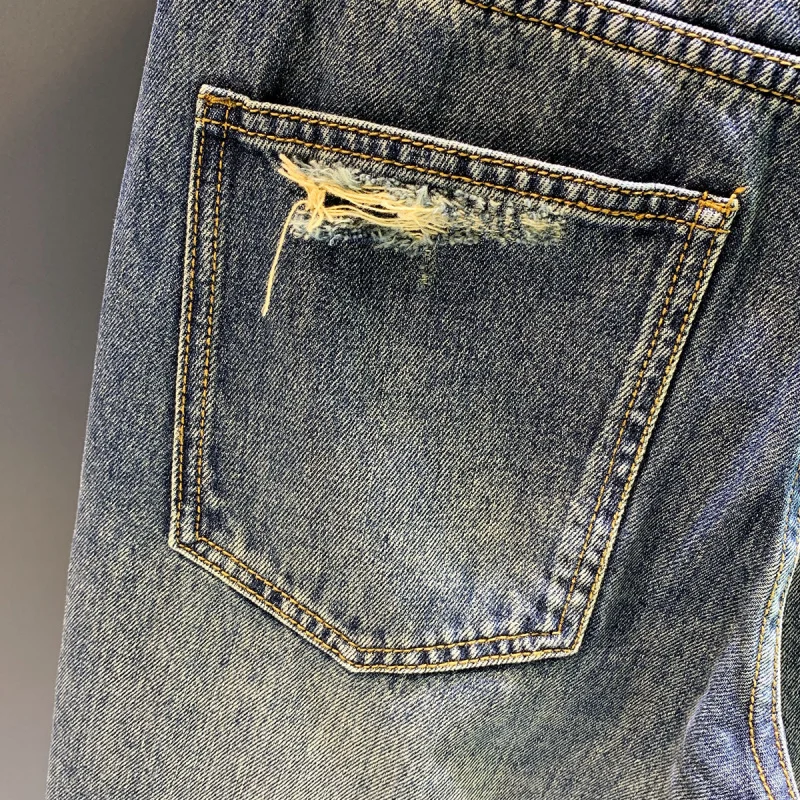 High street retro spring and autumn new style ripped blue jeans men's loose straight tube nostalgic patch printed pants