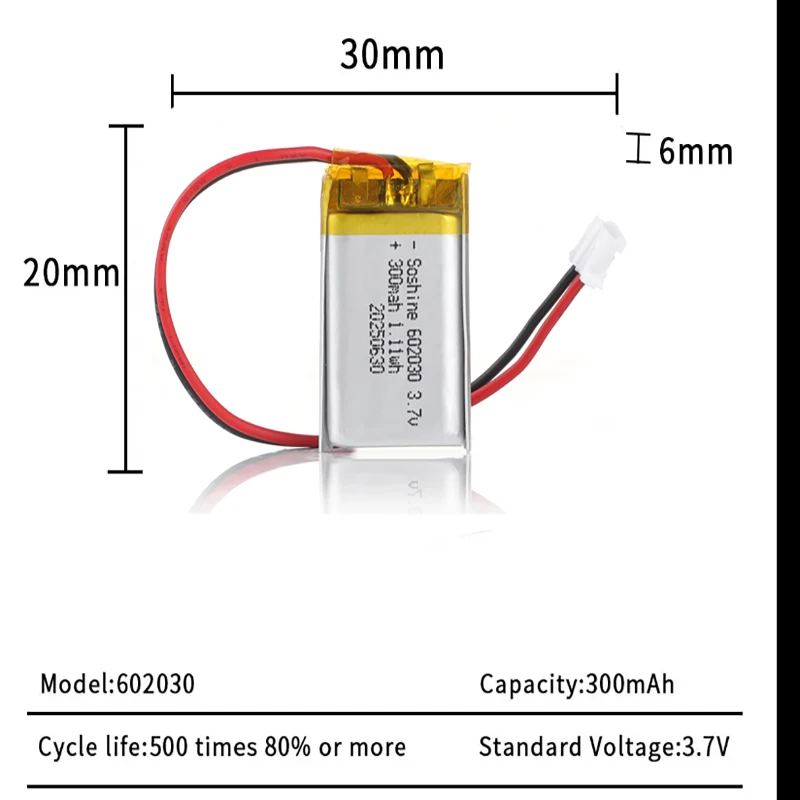 Soshine 602030 300mAh بطاريّة ليثيوم قابلة لإعادة الشحن 3.7 فولت بطارية ليثيوم أيون بوليمر لسماعة رأس بخاصية البلوتوث المتكلم رصد الموقت الذاتي