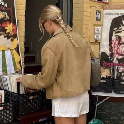 Suede Jacket For Women's Autumn Winter Street Vintage Casual Pockets Coat Solid Lapel Long Sleeve Fashion Short Jackets