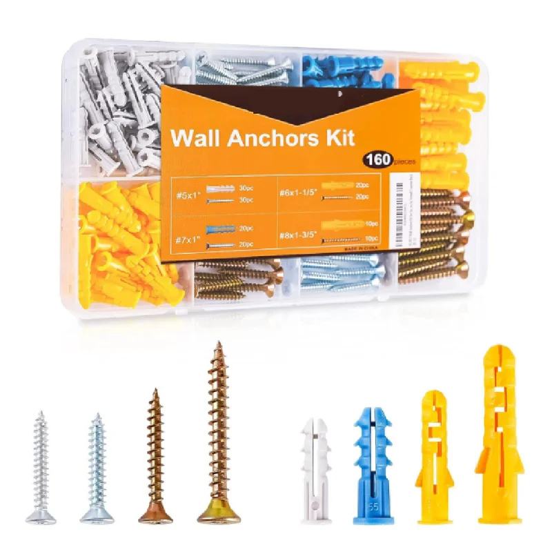 160Pcs Drywall Anchors Assortment Kit Plastic Wall Plug Bolts Stainless Steel Philips Flat Head Screws For Home Mounting