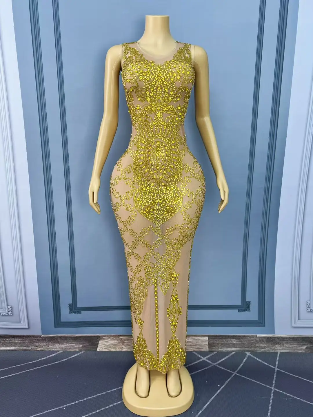 Black Tie Gala Party Luxury Evening Gown Birthday Prom Sparkly Crystals High-end Golden Long Dress See Through Mesh Outfit Dajin