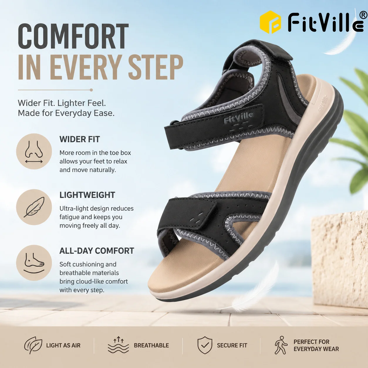 

FitVille Women'S Sandals Summer Beach Flats Adjustable Ankle Strap For Swollen And Flat Feet With Arch Support Open Toe Orthotic