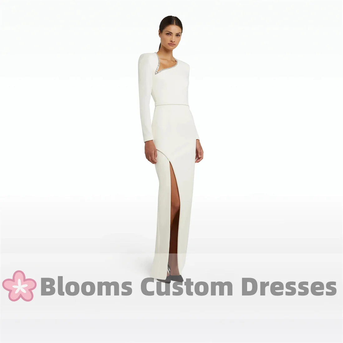 Blooms-Robe de Soirée en Crêpe Ivoire à Manches sulfPersonnalisée, Fente Haute, VincFormelle, Paillettes, ixde Mariage, Bal